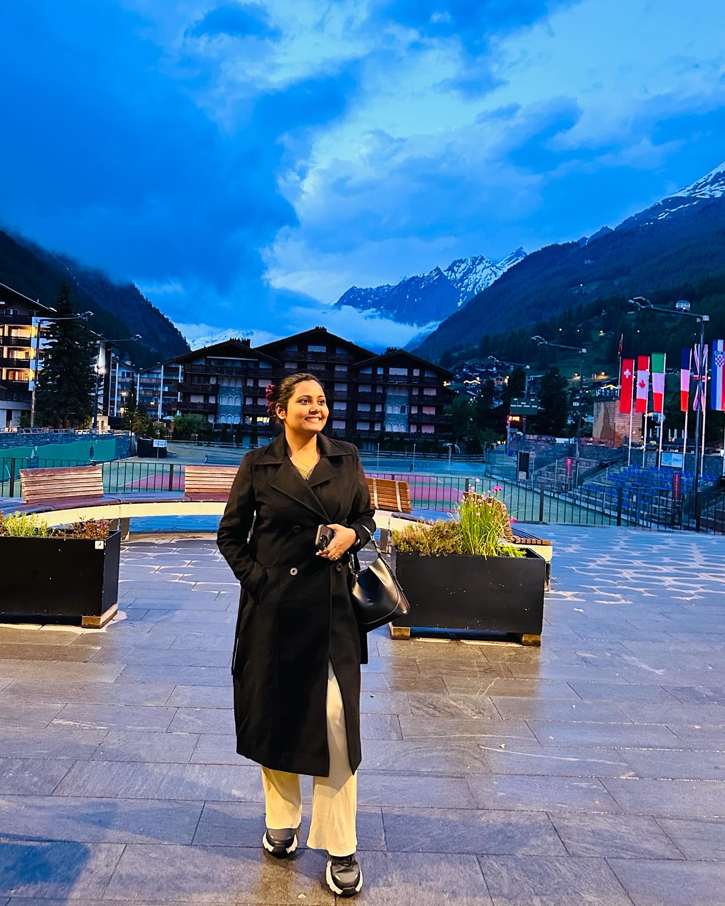 Shreya in Zermatt, Switzerland, at dusk